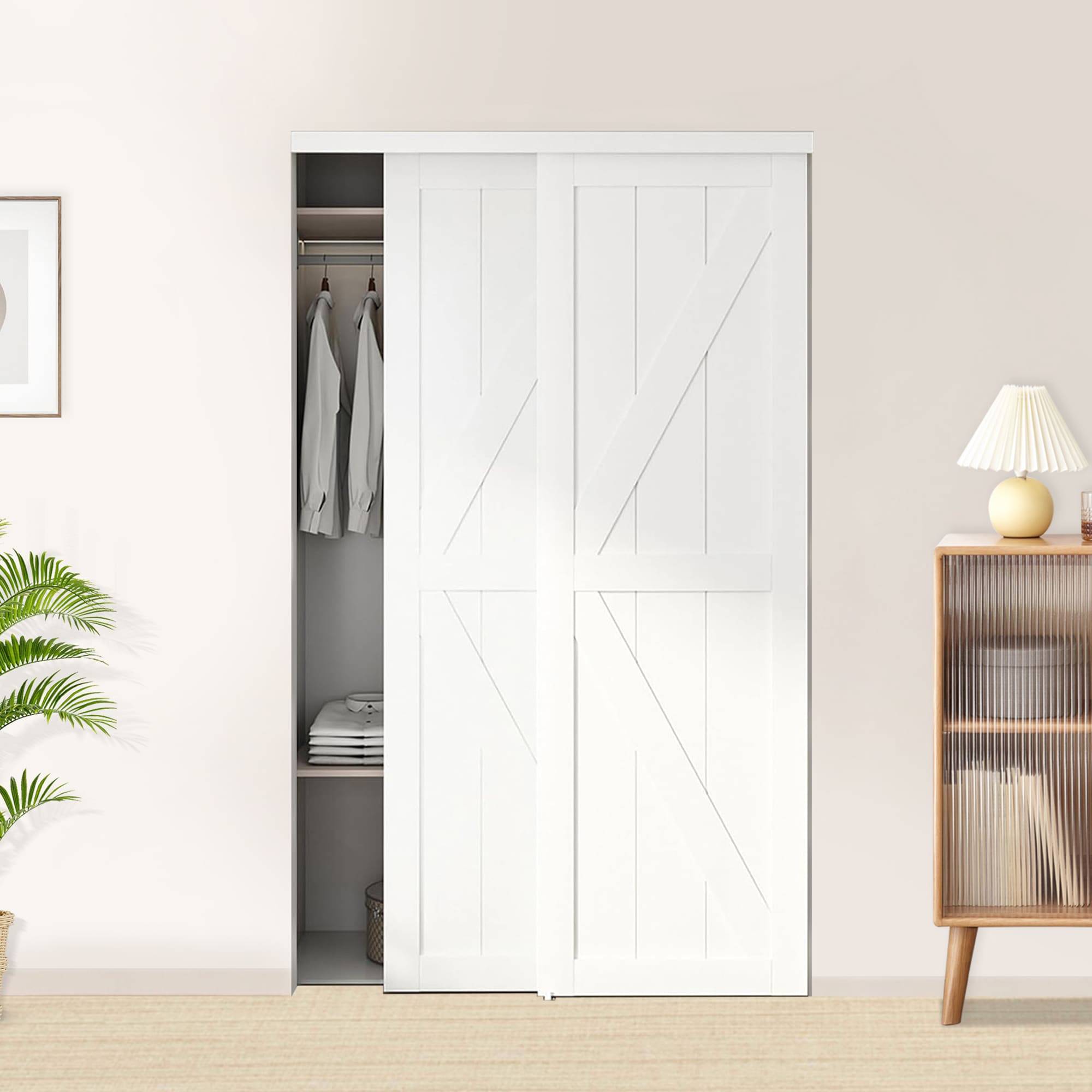 JUBEST 48"(Double 25") X80" Sliding Closet Door, K Style Bypass Closet Door With Hardware Kit & Matching Fascia, Preassembled Solid Wood Slab With Water-Proof PVC Surface, Easy To Install, White_voghion.com